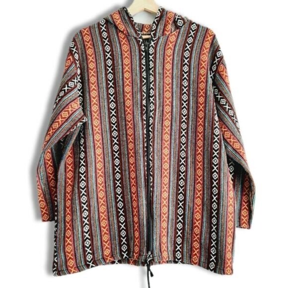 Unbranded Jackets & Blazers - Woven Tribal Boho Full-Zip Hooded Jacket Ethnic Embroidered Fabric Sz L